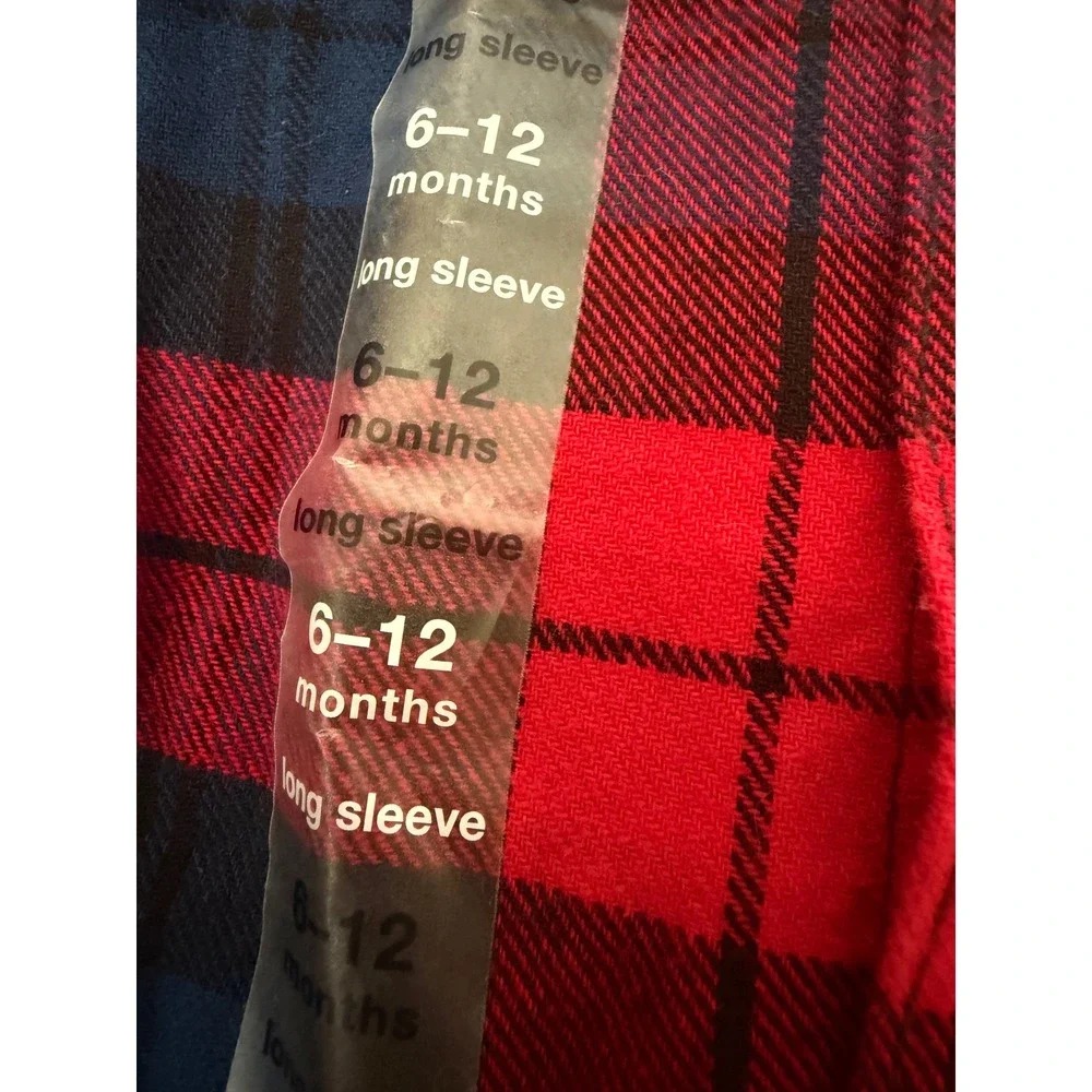 Baby Gap 6-12M Red Navy Plaid Flannel Button Down Shirt Bear Logo NWT